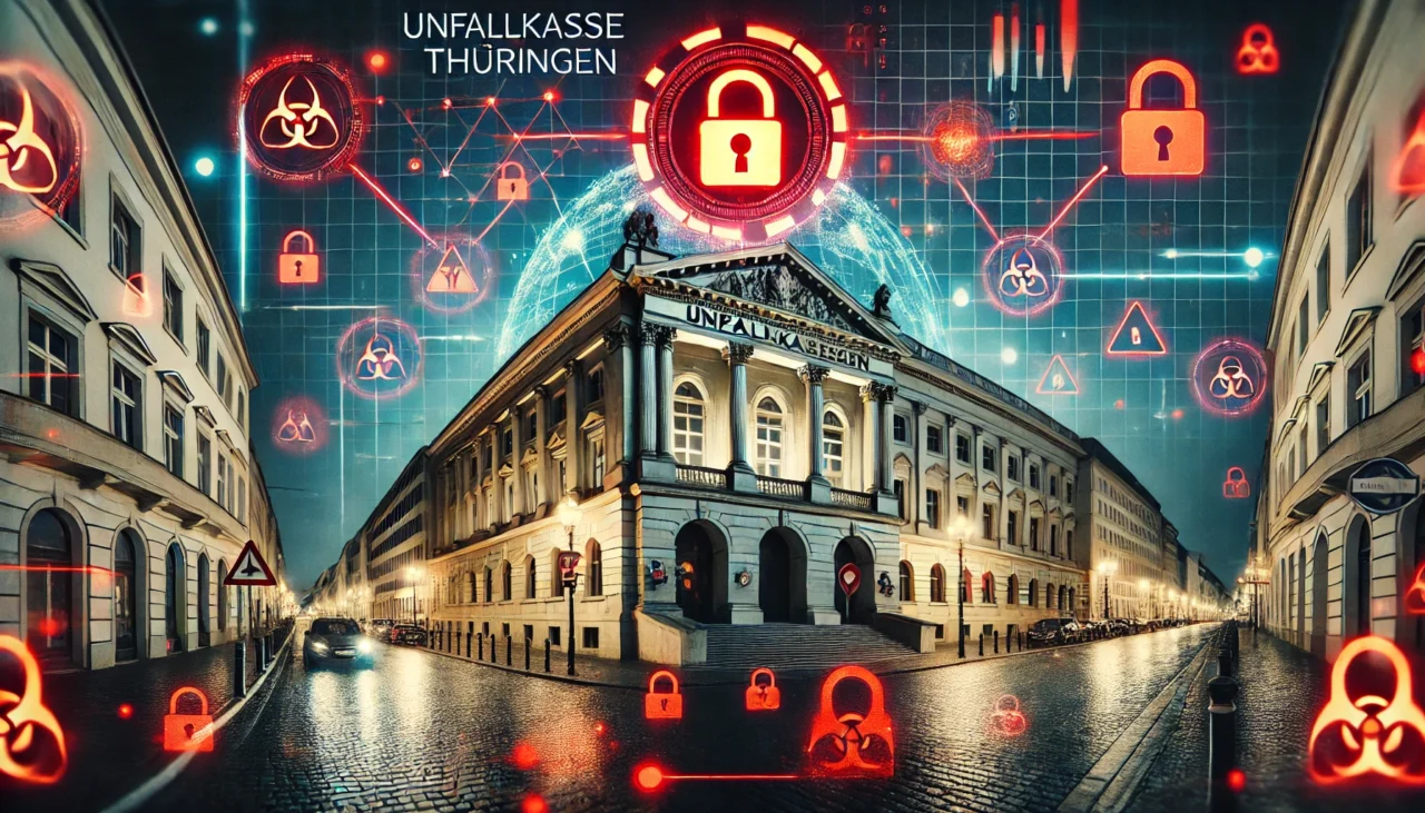 Nachtszene eines Gebäudes mit der Aufschrift ‚Unfallkasse Thüringen‘, umgeben von digitalen Warnsymbolen, roten Schlössern und Netzwerkverbindungen, die einen Cyberangriff auf öffentliche Einrichtungen darstellen.