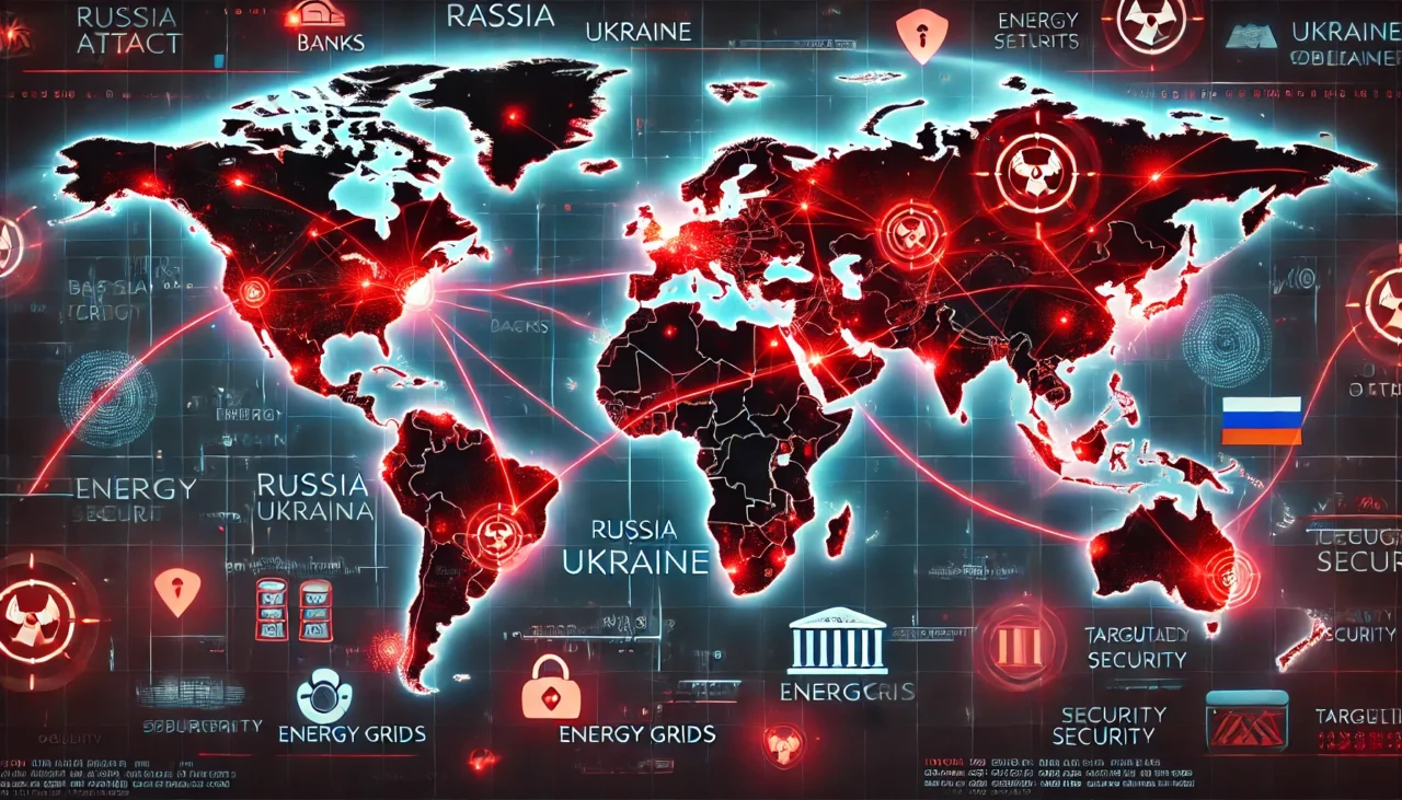 Eine Weltkarte mit roten Markierungen, die globale Cyberangriffe darstellen, mit Schwerpunkten in der Ukraine und Russland. Symbole wie Energiesysteme, Banken und Sicherheitsnetzwerke werden hervorgehoben.