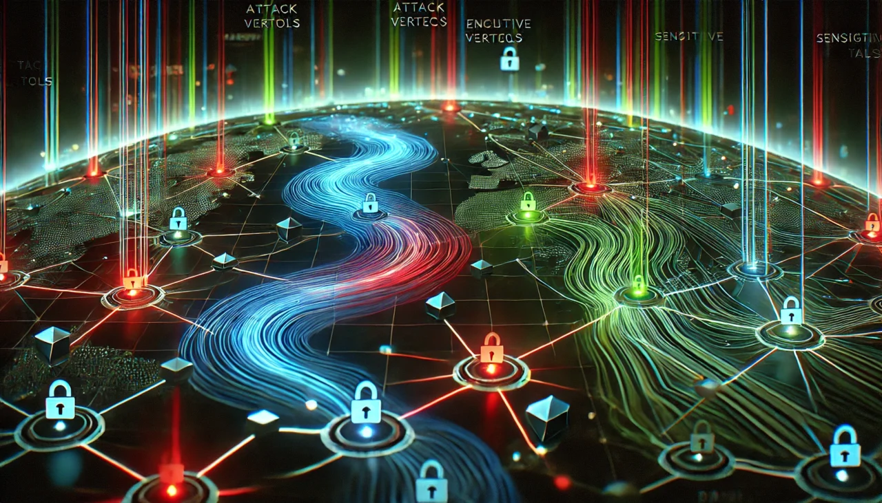 Digitale Weltkarte mit Sicherheitswarnungen, die durch farbige Netzwerkströme und Schlösser symbolisiert werden. Es zeigt die Verbindung von sensiblen Datenpunkten und Bedrohungen durch Cyberangriffe.