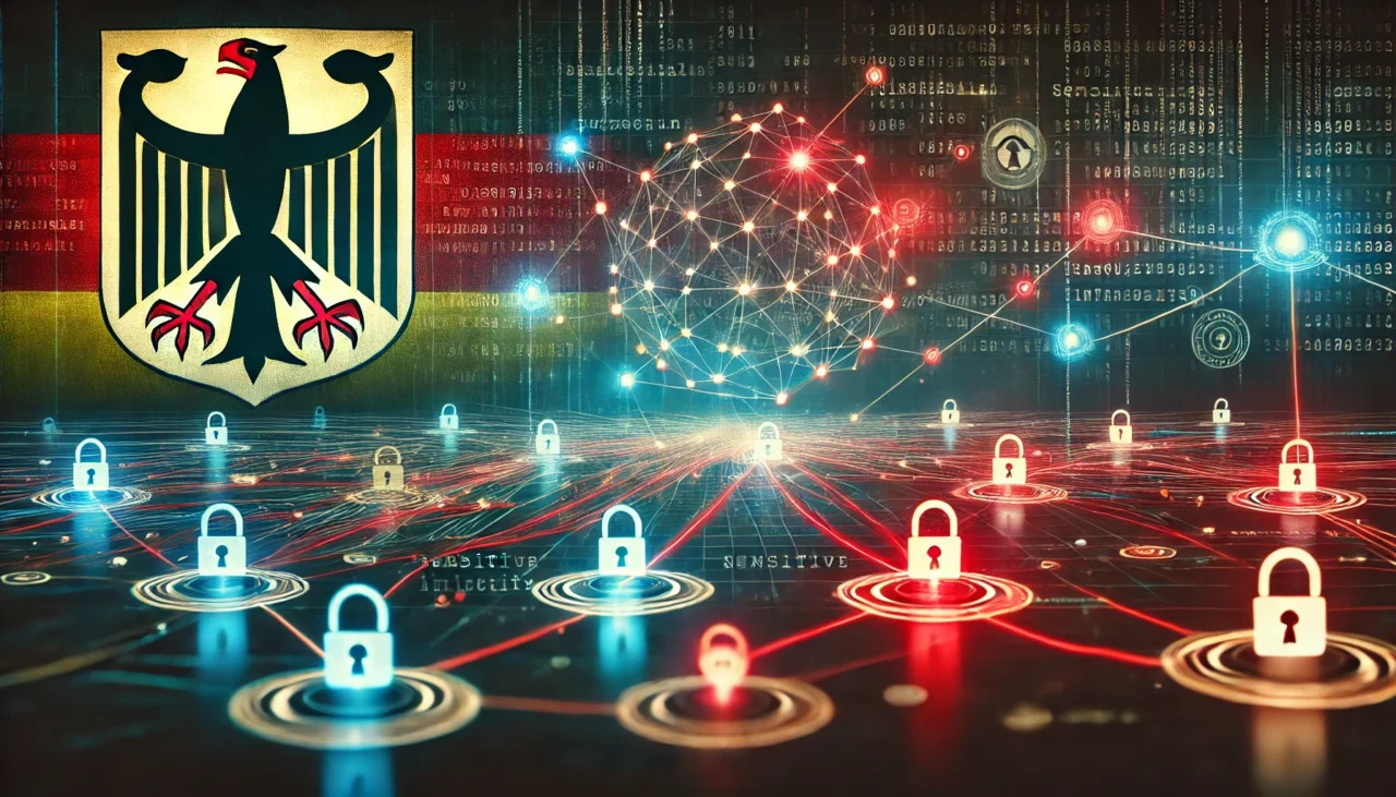 Ein Netzwerk von digitalen Sicherheitswarnungen und Schlössern umgeben von der deutschen Flagge und dem Bundesadler, symbolisiert die Bedrohung durch Cyberangriffe auf die deutsche Wirtschaft, insbesondere durch DDoS-Attacken.