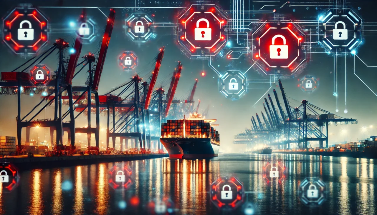 Hafenkräne und ein Containerschiff im Hamburger Hafen, umgeben von digitalen Schlössern und Warnsymbolen, die massive Cyberangriffe auf die kritische Infrastruktur symbolisieren.