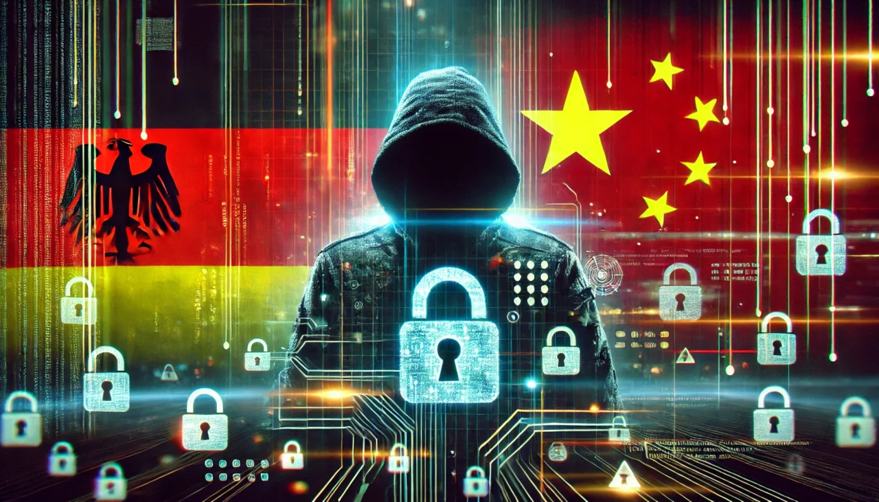 Hackerfigur vor den Flaggen von Deutschland und China, umgeben von digitalen Schlössern und Cybersicherheitswarnungen. Das Bild symbolisiert grenzüberschreitende Cyberangriffe.