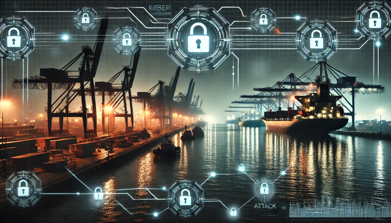 Beleuchteter Hafen mit Frachtschiffen und Kränen, überlagert von digitalen Schlössern und Netzwerksymbolen, die Cybersicherheitsmaßnahmen in der Logistikbranche darstellen.