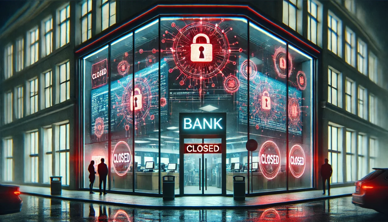 Geschlossene Bank mit digitaler Sicherheitsanzeige: Mehrere rote Symbole mit Schlössern und dem Hinweis ‚Closed‘, dargestellt auf einer gläsernen Bankfassade bei Nacht, symbolisieren Cybersicherheitsmaßnahmen oder digitale Bedrohungen.