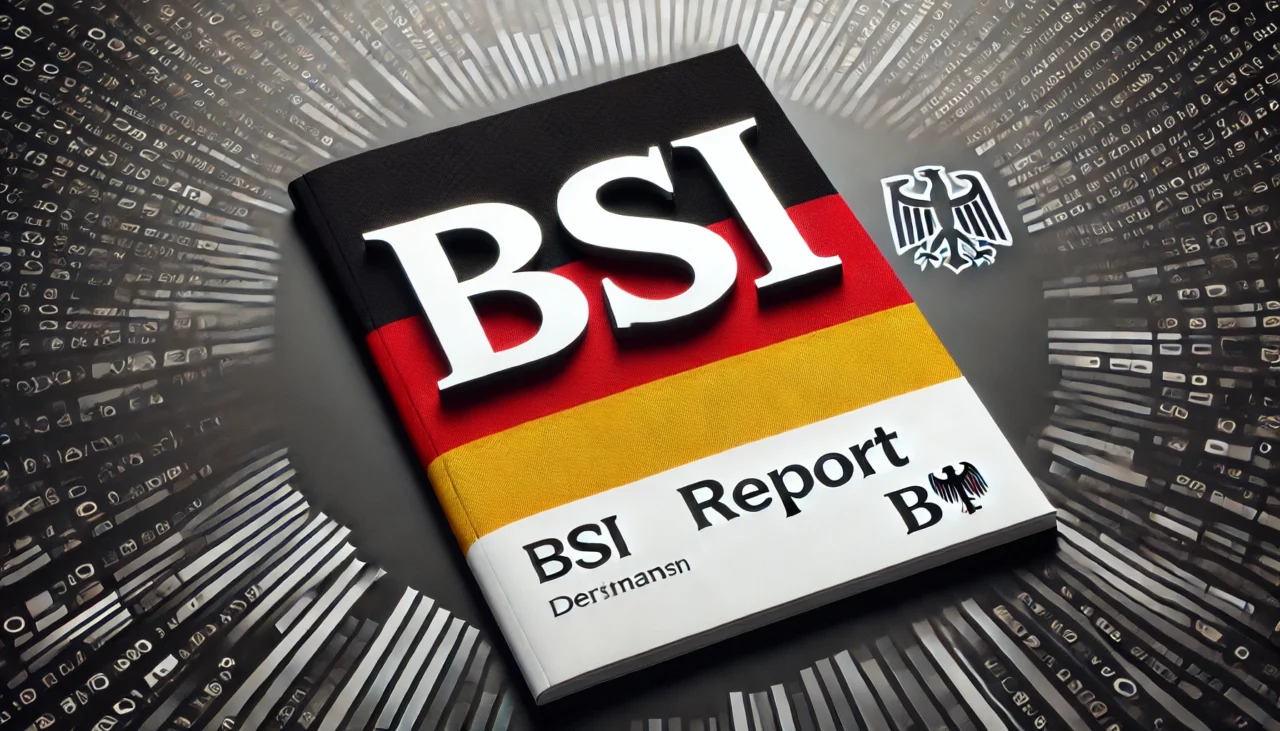 Ein digitaler 'BSI Report' in Form eines Buches mit dem Bundesadler und der deutschen Flagge auf dem Cover, symbolisiert die Berichterstattung des Bundesamts für Sicherheit in der Informationstechnik (BSI) über Cybersicherheit und Bedrohungen.