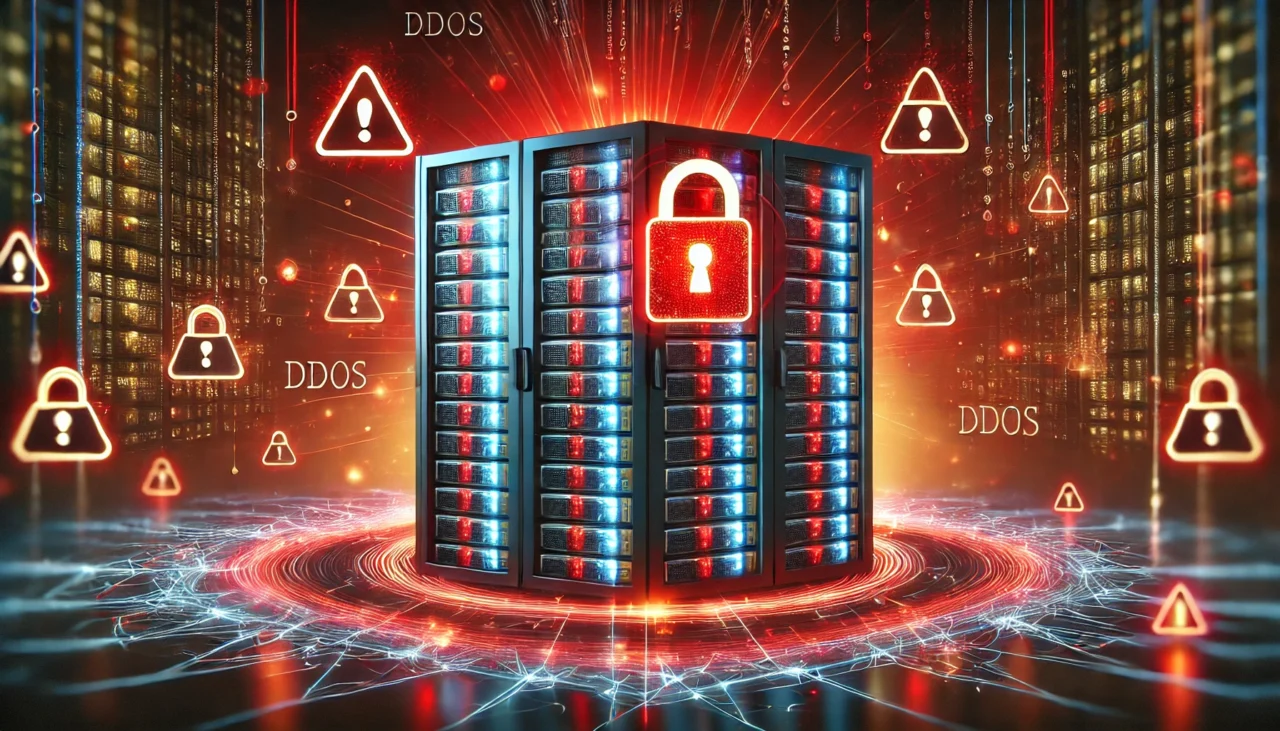 Darstellung eines Serverracks, umgeben von Warnsymbolen und DDoS-Alerts, die die Bedrohung durch Distributed-Denial-of-Service-Angriffe symbolisieren.