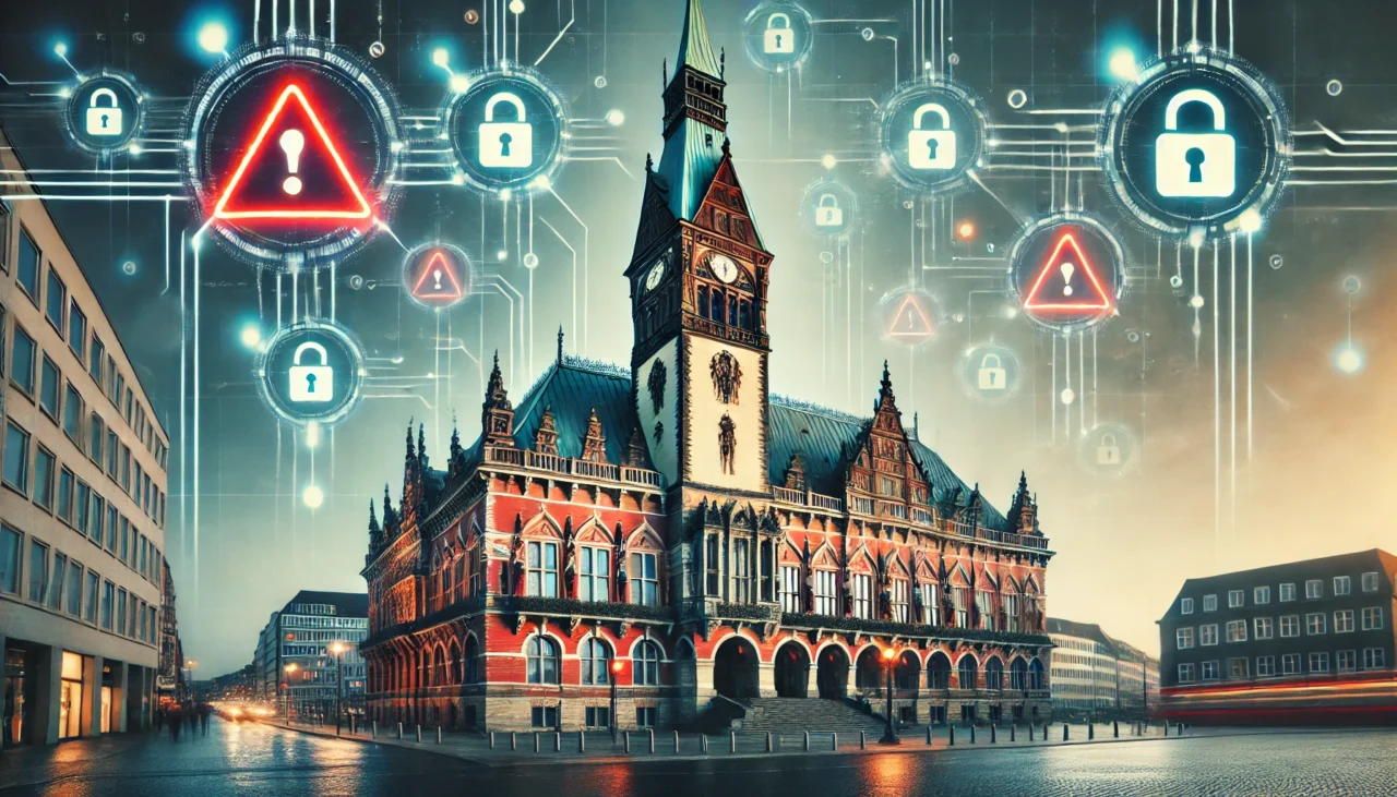 Digitales Bild eines historischen Gebäudes in Bremen, das von einem Cyberangriff betroffen ist. Auf der Fassade erscheinen Warnsymbole und digitale Bedrohungen, die die Auswirkungen auf die Verwaltung und Polizei darstellen.