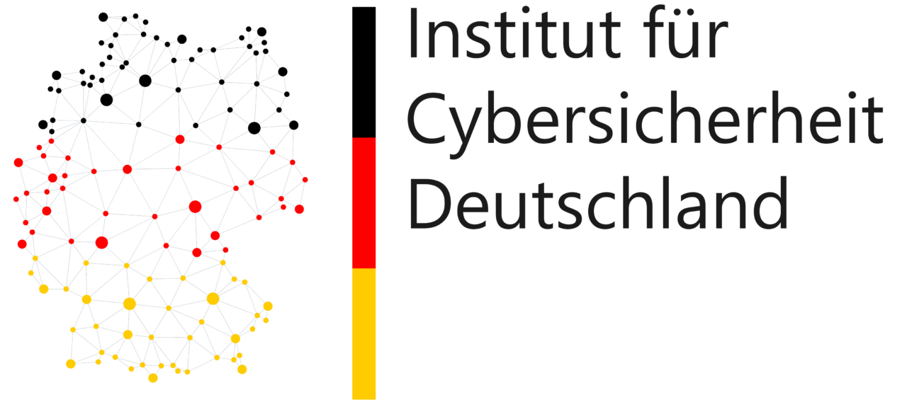 Logo des Instituts für Cybersicherheit Deutschland mit einer vernetzten Deutschlandkarte, roten und gelben Verbindungspunkten sowie den Farben der deutschen Flagge.