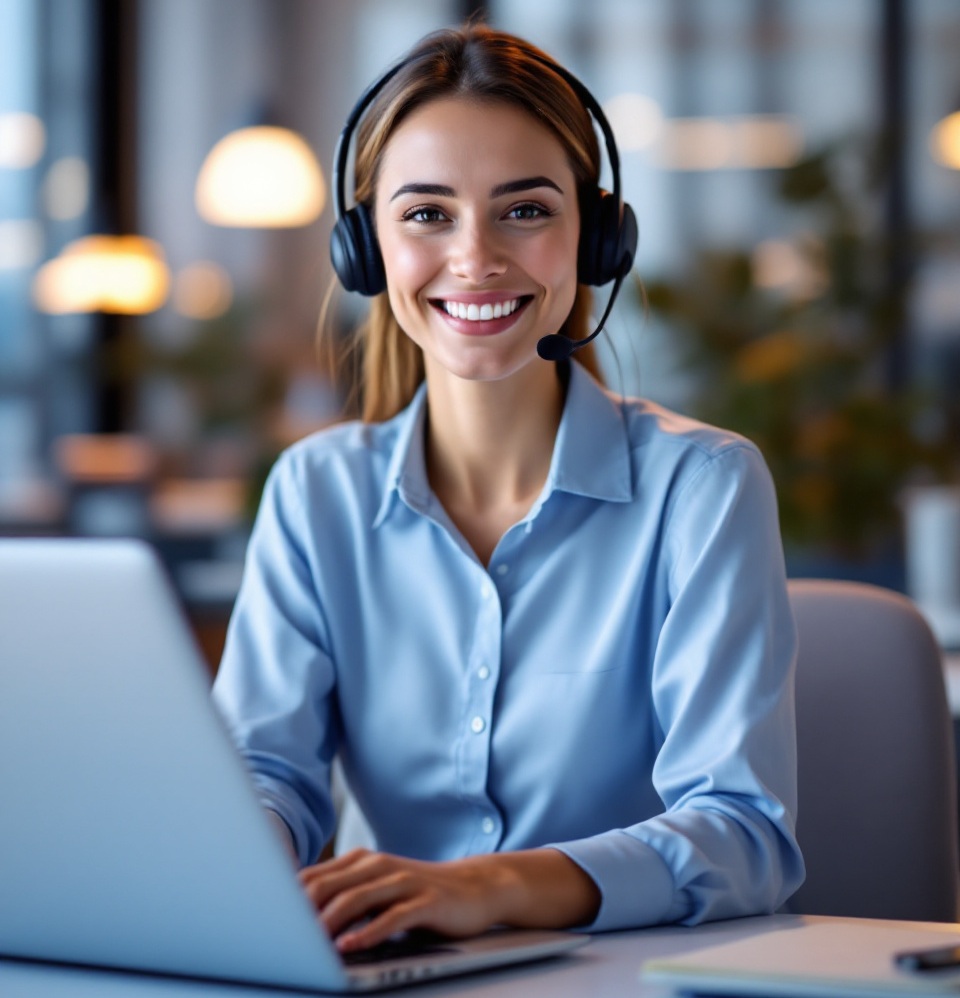 Freundliche Frau mit Headset arbeitet an einem Laptop, bereit, Kunden professionell zu unterstützen.