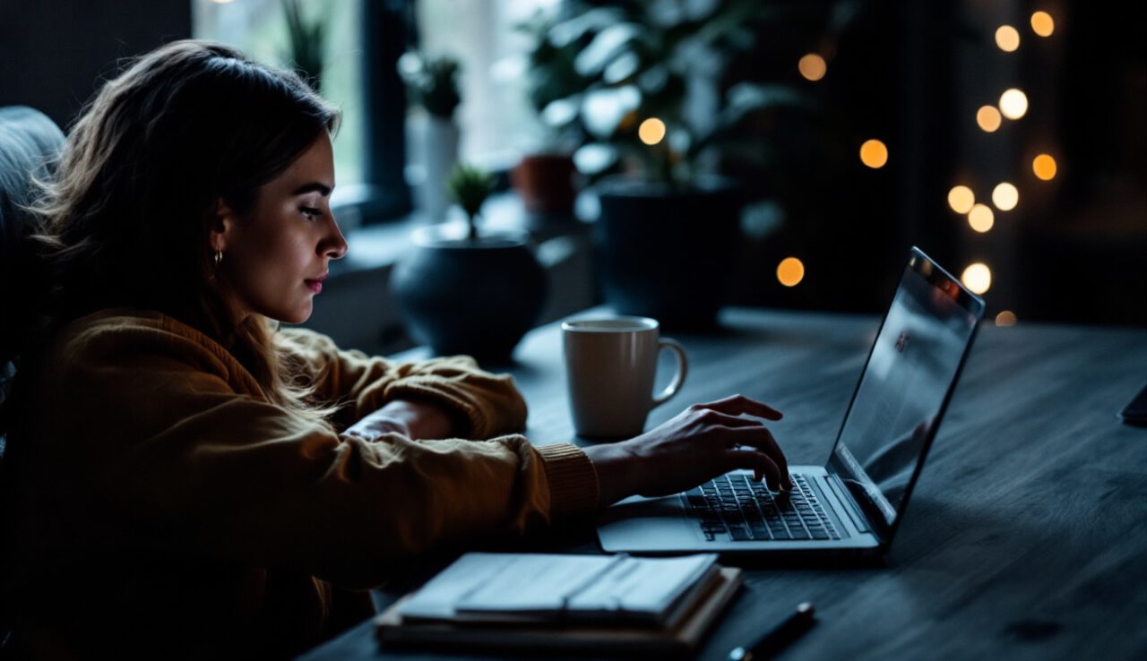 Frau arbeitet abends konzentriert an einem Laptop, mit einer Tasse Kaffee neben sich.